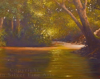 Woodland River Landscape Art. Original Painting by award winning Leading British artist JOHN SILVER. B.A. 30 x 20 inches