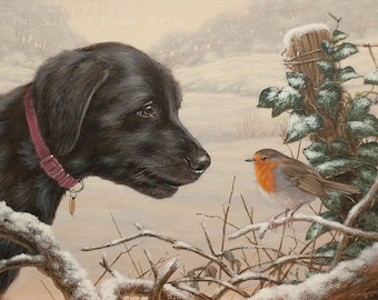 Black Labrador Puppy Dog & Robin Portrait. Original Painting by award winning UK artist JOHN SILVER! On Canvas Panel. 40 x 30cm