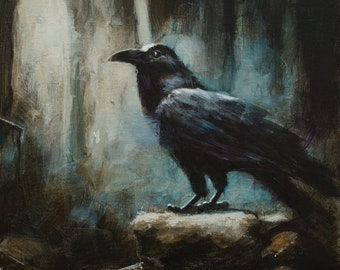 Raven Portrait. Original Acrylic Painting by UK Artist JOHN SILVER. B.A. 12 x 12 inch on Canvas Panel.