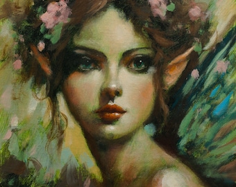 Beautiful Female Faerie Portrait - Original Contemporary Painting - by JOHN SILVER. B.A. 10 x 10 inch