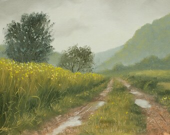 Sunny Farm Lane Landscape Scene. Original Oil Painting by UK artist JOHN SILVER. B.A. 24 x 18 cm on Canvas panel
