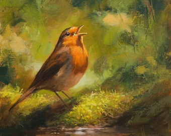 Robin Bird Portrait. Original Painting by UK Artist JOHN SILVER. On Canvas Panel. 10 x 10 inch