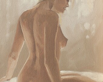Beautiful Original Oil Painting - Mature Erotic Nude Female Art - Sensual Nude Portrait 8 x 6 inch - by UK Artist JOHN SILVER. B.A.