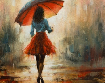 Woman & Red Umbrella. Original Fine Art Painting by JOHN SILVER. 10 x 10 inch on Canvas panel