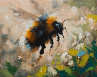 BumbleBee Art Portrait. Original Painting by UK artist JOHN SILVER. 10 x 10 inch On Canvas Panel.