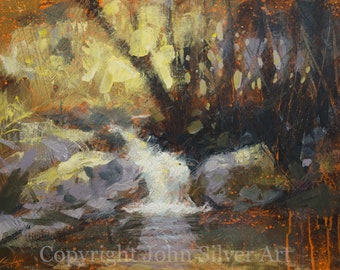 Woodland Waterfall. Original Contemporary Fine Art Painting by JOHN SILVER. 16 x 12 inch on Canvas panel