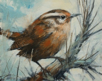 Wren Bird Portrait. Original Painting by UK Artist JOHN SILVER. On Canvas Panel. 10 x 10 inch