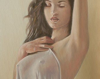 Mature Erotic Nude Female Art - Sensual Nude Portrait - Original Oil Painting by JOHN SILVER. 14 x 10 inch