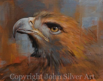 Golden Eagle Portrait. Original Fine Art Painting UK Artist JOHN SILVER. 10 x 8 inch On Canvas Panel.