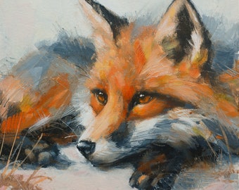 Fox Portrait. Original Fine Art Painting by UK artist JOHN SILVER. B.A. On 12 x 12 inch Canvas Panel.