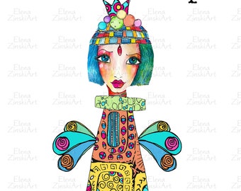 May include: A colorful, whimsical illustration of a fairy with a crown, blue hair, and a patchwork dress. The fairy has large, expressive eyes and a delicate, feminine appearance. The illustration is done in a vibrant, playful style with a mix of geometric and organic shapes.