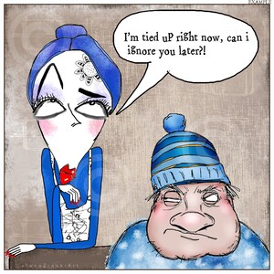 Può includere: Un'illustrazione di cartone animato stravagante con due figure. Una figura, in un completo blu, ha una nuvoletta parlante che dice: "Sono occupato in questo momento, posso ignorarti più tardi?!" L'altra figura indossa un cappello a righe blu e bianche e ha un'espressione scontrosa.