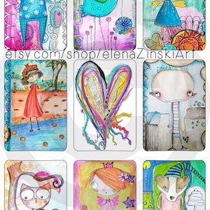 May include: A collection of 10 colorful, whimsical illustrations featuring various characters and objects. The illustrations are painted in a cartoon style with bright colors and bold lines. The illustrations include a raccoon, a bird, a girl with a hat, a heart, a girl with a crown, an owl, a girl with wings, and a badger.