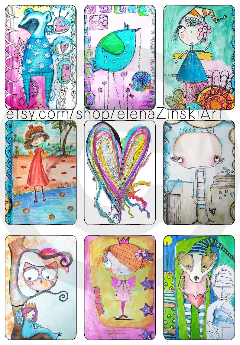 May include: A collection of 10 colorful, whimsical illustrations featuring various characters and objects. The illustrations are painted in a cartoon style with bright colors and bold lines. The illustrations include a raccoon, a bird, a girl with a hat, a heart, a girl with a crown, an owl, a girl with wings, and a badger.