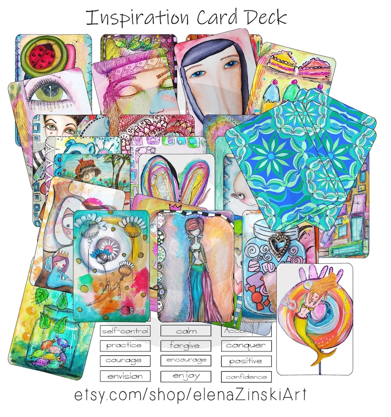 May include: A set of colorful, hand-painted cards with inspirational words like "self-control", "calm", "practice", "forgive", "courage", "encourage", "envision", "enjoy", "conquer", "positive", and "confidence". The cards are arranged in a random pattern and feature various illustrations, including a woman with blue eyes, a jar with a heart, a mermaid, and a flower.