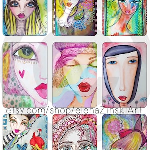 May include: Nine colorful watercolor paintings of women's faces with various details and backgrounds. The paintings are in a collage format, with each painting taking up a third of the image.