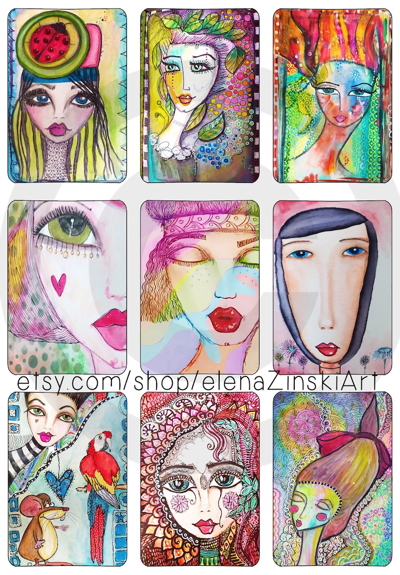 May include: Nine colorful watercolor paintings of women's faces with various details and backgrounds. The paintings are in a collage format, with each painting taking up a third of the image.