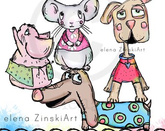 Mice and Dogs. Images to print for card making, collage art, paper crafting, mixed media art journals