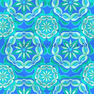 May include: A seamless pattern with a repeating design of teal blue and green floral mandalas on a light blue background. The pattern includes the text "etsy.com/shop/elenaZinskiArt".
