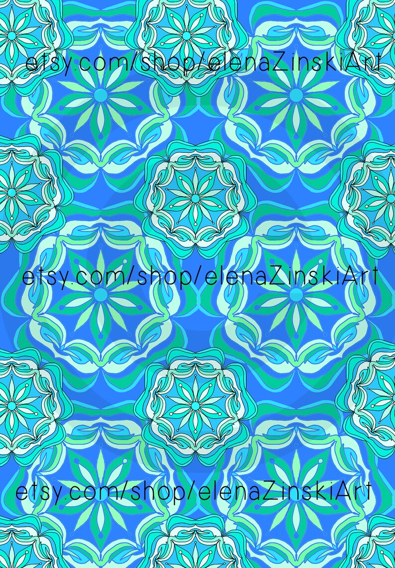 May include: A seamless pattern with a repeating design of teal blue and green floral mandalas on a light blue background. The pattern includes the text "etsy.com/shop/elenaZinskiArt".