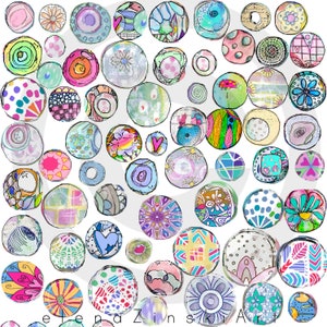 Puede incluir: Una colección de círculos coloridos y estampados con varios diseños, incluyendo flores, espirales y formas geométricas. Los círculos están dispuestos en un patrón aleatorio sobre un fondo blanco.