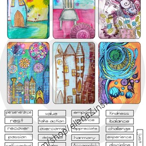May include: A set of 10 colorful watercolor cards with images of houses, flowers, and abstract designs. Each card has a word printed below it, such as "perserverance", "value", "empower", "kindness", "rest", "take action", "patience", "balance", "recover", "overcome", "appreciate", "challenge", "passion", "determined", "harmony", "experience", "self-control", "calm", "accomplish", "discipline", "practice", "forgive", "conquer", "improve", "courage", "encourage", "positive", "achieve", "envision", "enjoy", "confidence", and "clarity".