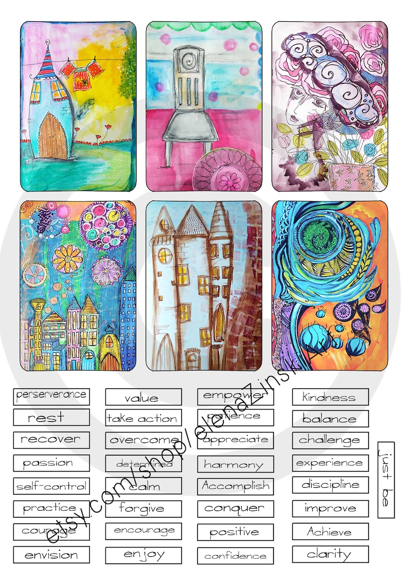 May include: A set of 10 colorful watercolor cards with images of houses, flowers, and abstract designs. Each card has a word printed below it, such as "perserverance", "value", "empower", "kindness", "rest", "take action", "patience", "balance", "recover", "overcome", "appreciate", "challenge", "passion", "determined", "harmony", "experience", "self-control", "calm", "accomplish", "discipline", "practice", "forgive", "conquer", "improve", "courage", "encourage", "positive", "achieve", "envision", "enjoy", "confidence", and "clarity".