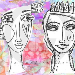 May include: Black and white line art illustration of two faces. The face on the left has a heart shape on its cheek and a crown of three loops on top of its head. The face on the right has a crown of words on top of its head that say "Have Happy Thoughts Every Single Day". The background is a colourful abstract pattern.