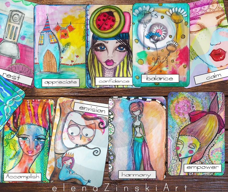 May include: A set of 10 colorful cards with illustrations and words like "rest", "appreciate", "confidence", "balance", "calm", "envision", "accomplish", "harmony", "empower" and "elena zinski art".