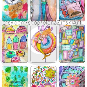 May include: Nine colorful, hand-painted illustrations featuring various themes, including flowers, a mermaid, a jar of candy, and a cake. The illustrations are all in a whimsical style and are perfect for adding a touch of personality to any space.