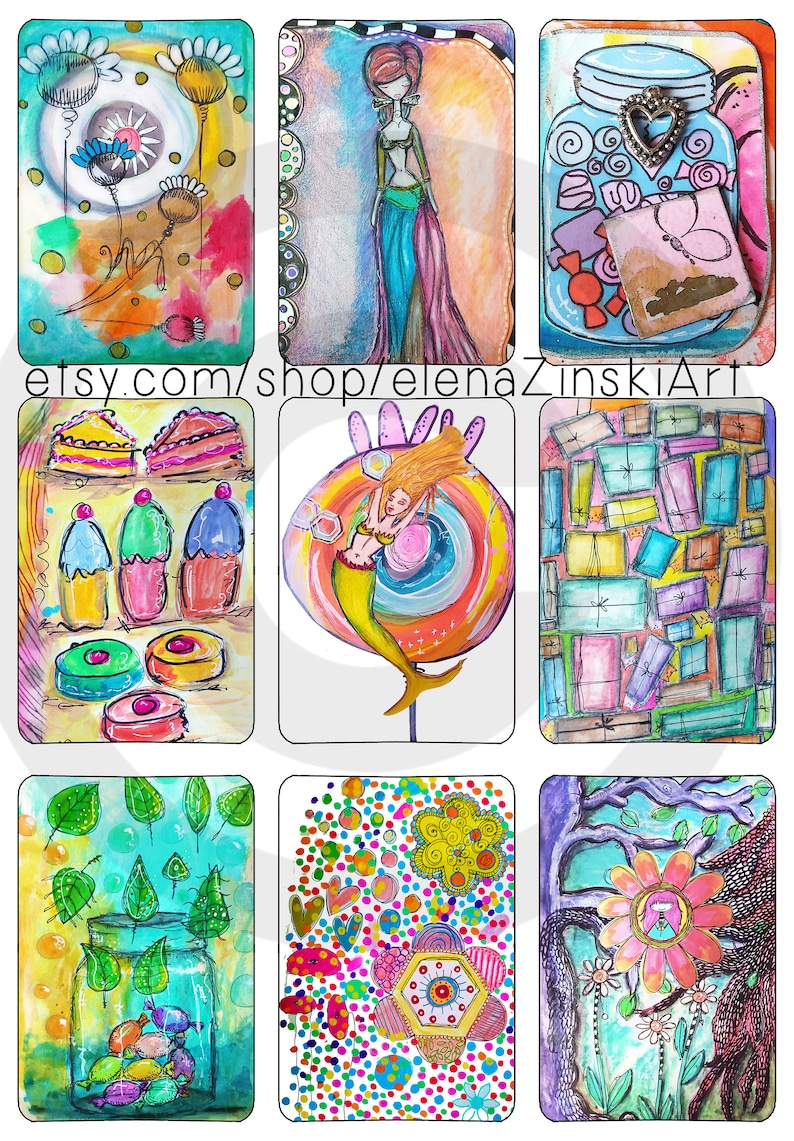 May include: Nine colorful, hand-painted illustrations featuring various themes, including flowers, a mermaid, a jar of candy, and a cake. The illustrations are all in a whimsical style and are perfect for adding a touch of personality to any space.