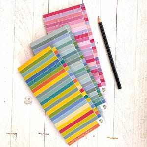 Puede incluir: Cuatro cuadernos coloridos con rayas horizontales en tonos rosa, verde, azul y amarillo, dispuestos sobre una superficie de madera blanca. Un lápiz negro descansa cerca. Los cuadernos presentan una variedad de colores y patrones.