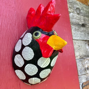 Faux Taxidermy Rooster, Rooster Wall Art, Paper Mache Animal Head, Kid's Room Decor, Paper Mache Sculpture, Rooster Sculpture image 2