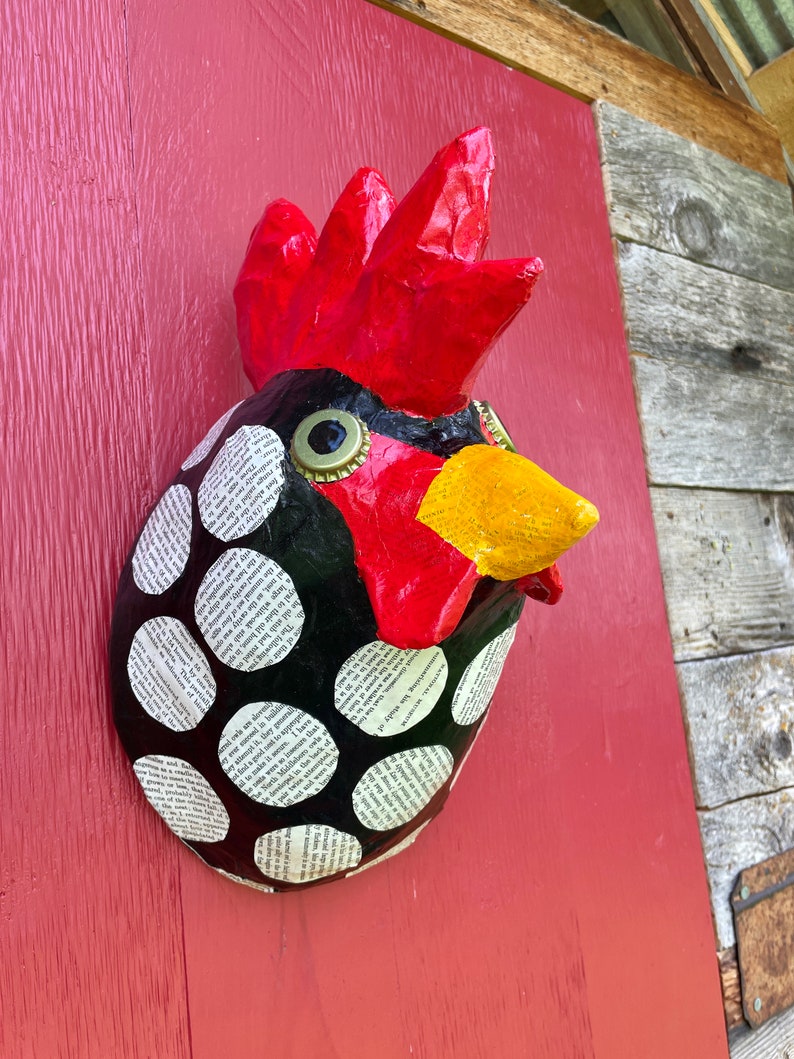 Faux Taxidermy Rooster, Rooster Wall Art, Paper Mache Animal Head, Kid's Room Decor, Paper Mache Sculpture, Rooster Sculpture image 2