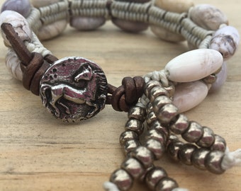 Creamy Gemstones Braided Bracelet, Brazilian Agate, Green Girl Pewter Button, Leather, Irish Waxed Linen, and Seed Beads Braided Bracelet