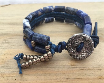 Royal Blue Sea Braided Bracelet, Sodalite Gemstones, Green Girl Pewter Button, Leather, Irish Waxed Linen, and Seed Beads Braided Bracelet