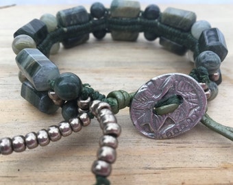 Kelp Garden Braided Bracelet, Seaweed Quartz Gemstones, Mamacita Pewter Button, Leather, Irish Waxed Linen, and Seed Beads Braided Bracelet