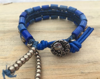 Brilliant Blue Braided Bracelet, Lapis Lazuli Gemstones, Green Girl Pewter Button, Leather, Irish Waxed Linen, Seed Beads Braided Bracelet