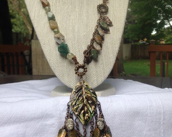 Fall Leaves Necklace, Ceramic, Ocean Jasper, Prehnite, Vintaj Brass, Irish Waxed Linen