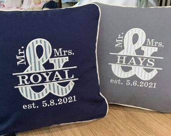 Mr. and Mrs. Pillow, Personalized Wedding Gift, Last Name and Established