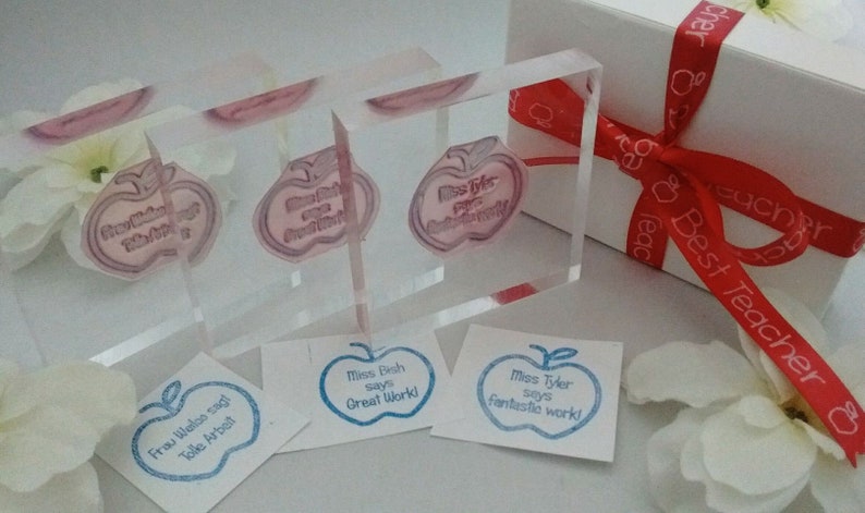 Personalised Teacher Stamp 3cm x 3cm with Best Teacher Ribbon 1m x 10mm and White Gift Box image 1