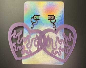 New Flame Heart Earrings - translucent lavender recycled PLA - 3D Printed Earrings