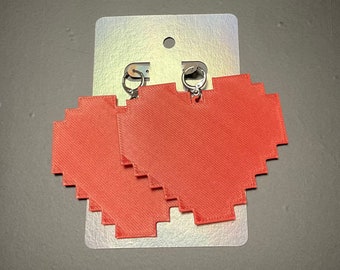 Pixel Heart Earrings - 8bit heart earrings - cherry red shimmer