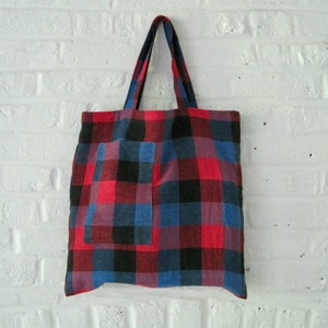 Handmade Recycled Linen Bag: Red Blue Check