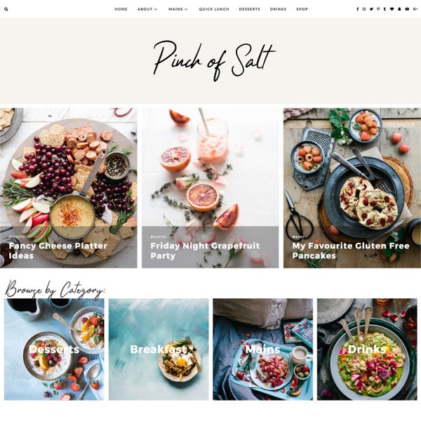 Wordpress Food Blog Theme "Pinch of Salt" | Foodie Blogger Woo-commerce Website Design Shop Responsive