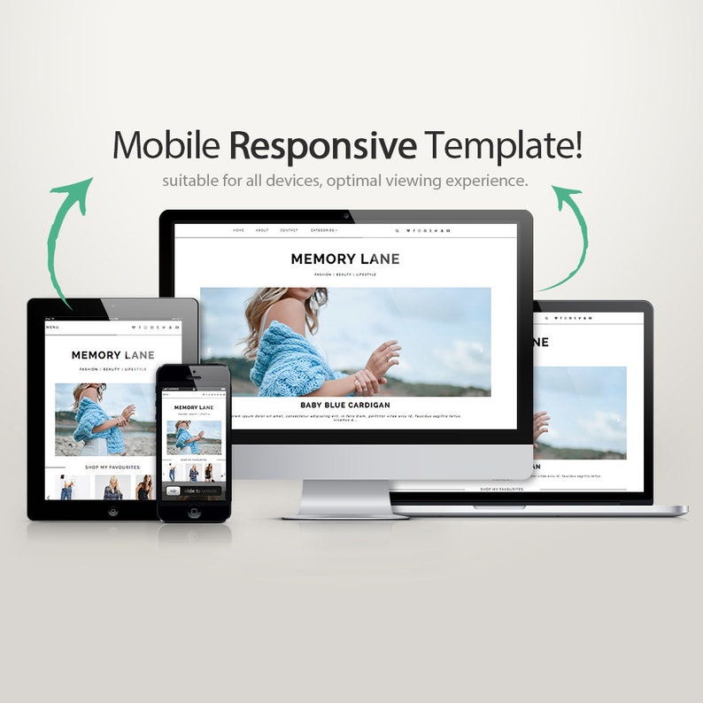 May include: A desktop computer, a laptop, a tablet, and a smartphone displaying a website template titled Memory Lane. The screens show a fashion blog layout featuring a baby blue cardigan. Text above the devices reads Mobile Responsive Template.