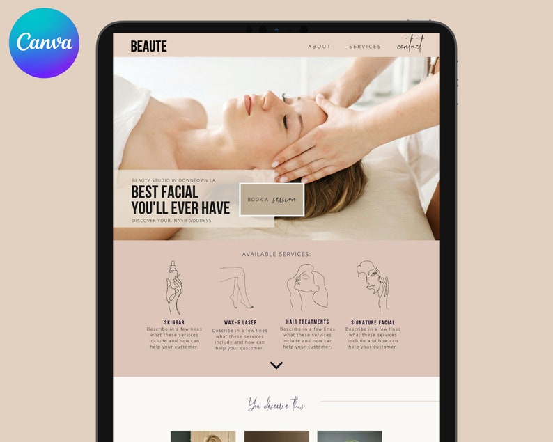 Beauty Canva Website, Beautician Website, Cosmetologist Website, Beauty Salon Landing Page, Esthetician Website Template, Canva template image 1