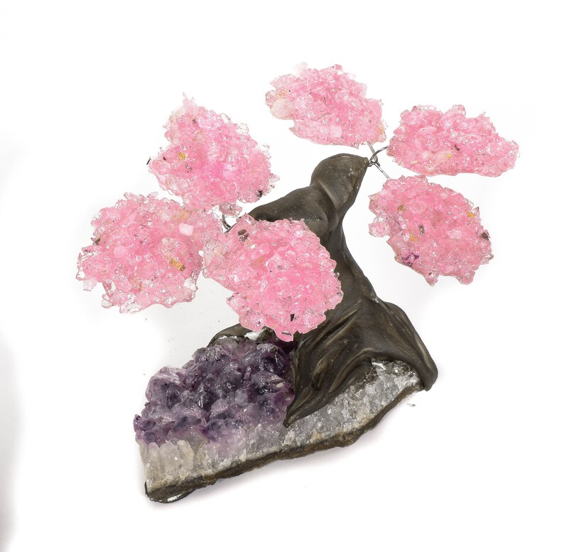 Beautiful Rose Quartz Gemstone Bonsai Tree On AMETHYST 6 Petals Brazil T28