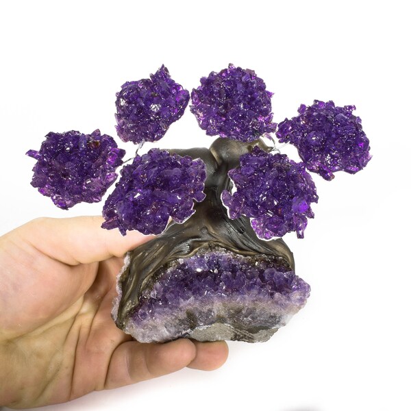 Beautiful AMETHYST Gemstone Bonsai Tree On AMETHYST 6 Petals Brazil T37