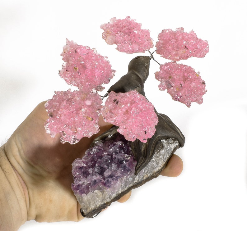 Beautiful Rose Quartz Gemstone Bonsai Tree On AMETHYST 6 Petals Brazil T28